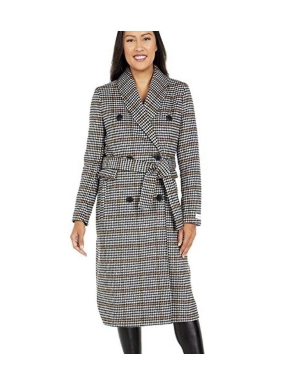 Calvin Klein Houndstooth Double-Breasted Belted Trench Coat - Black/White/Brown